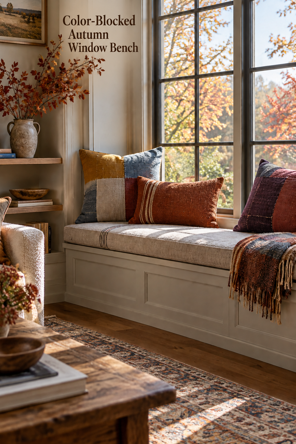 Sunlit autumn window bench with patchwork cushions, a draped throw and leafy branches.
