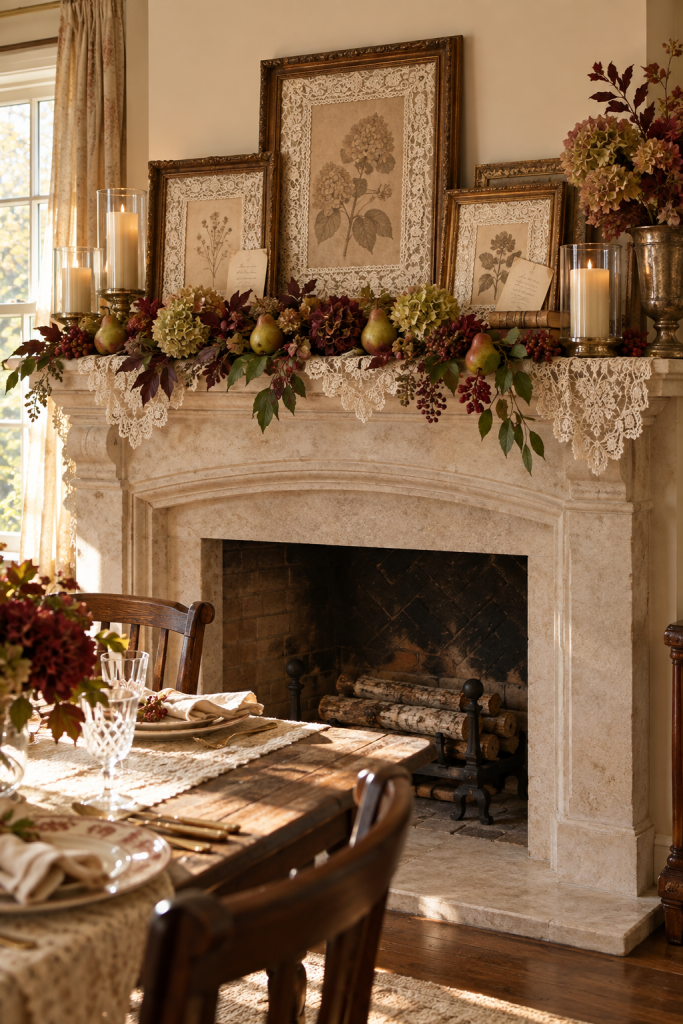 Lace-framed botanical prints above a Thanksgiving mantel with pears and autumn foliage.