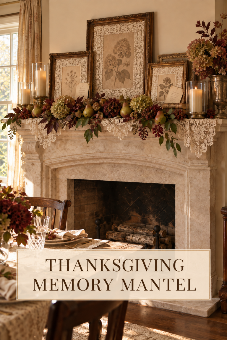 Lace-framed botanical prints above a Thanksgiving mantel with pears and autumn foliage.