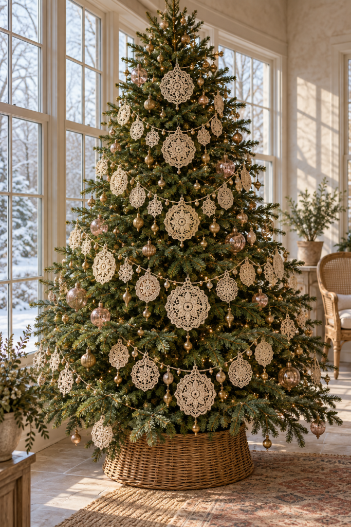 Evergreen Christmas tree with ivory lace medallion ornaments, gold baubles and warm lights.