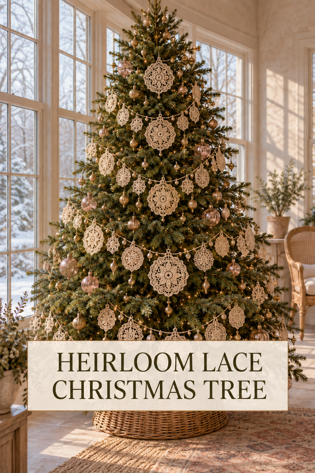 Evergreen Christmas tree with ivory lace medallion ornaments, gold baubles and warm lights.