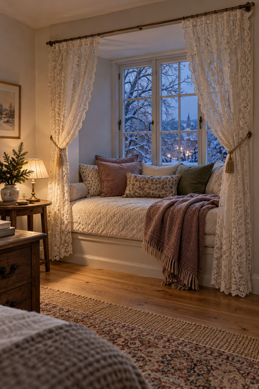 Lace curtains frame a quilted window daybed with mauve cushions and a lamp at dusk.