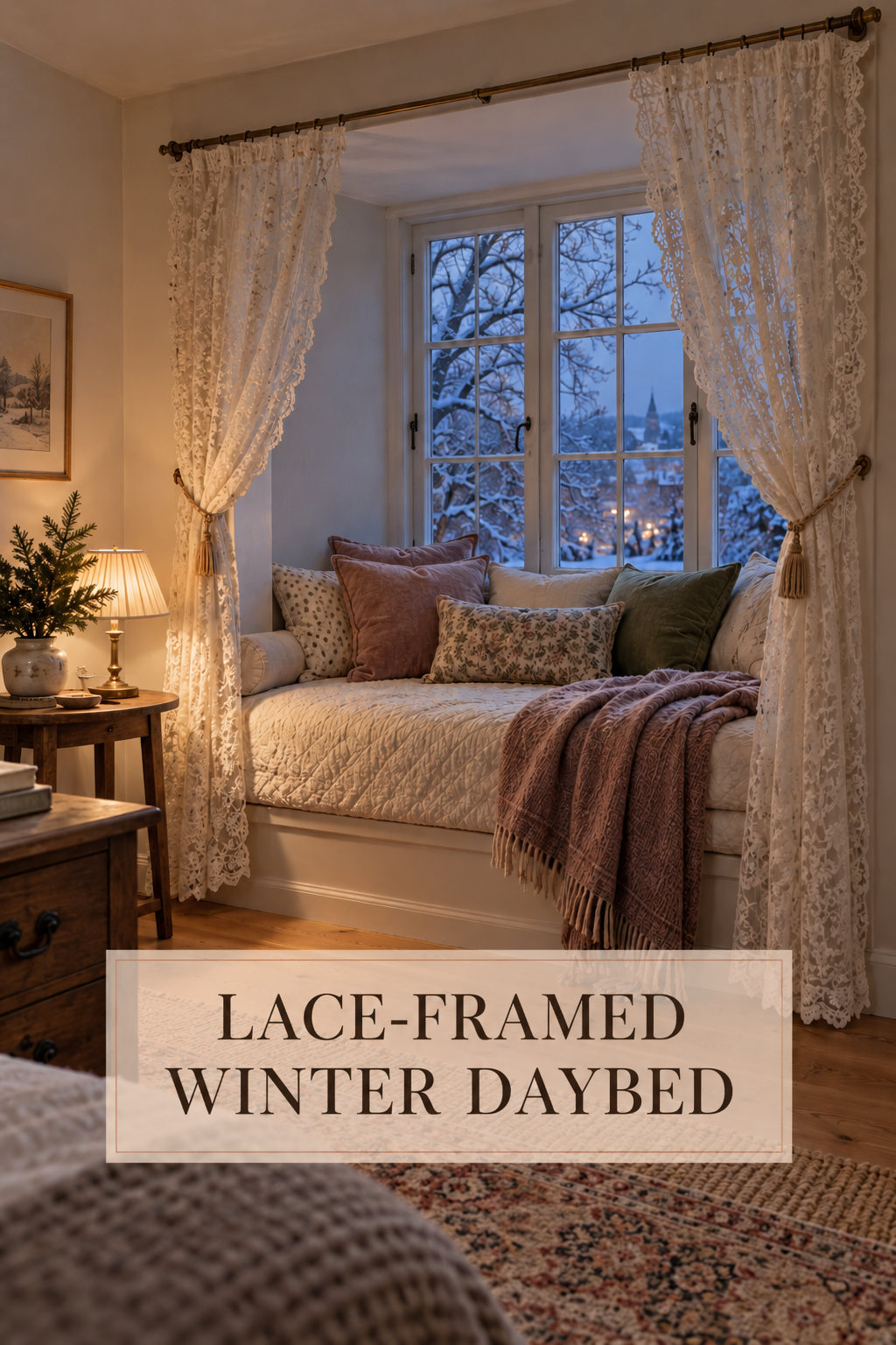 Lace curtains frame a quilted window daybed with mauve cushions and a lamp at dusk.