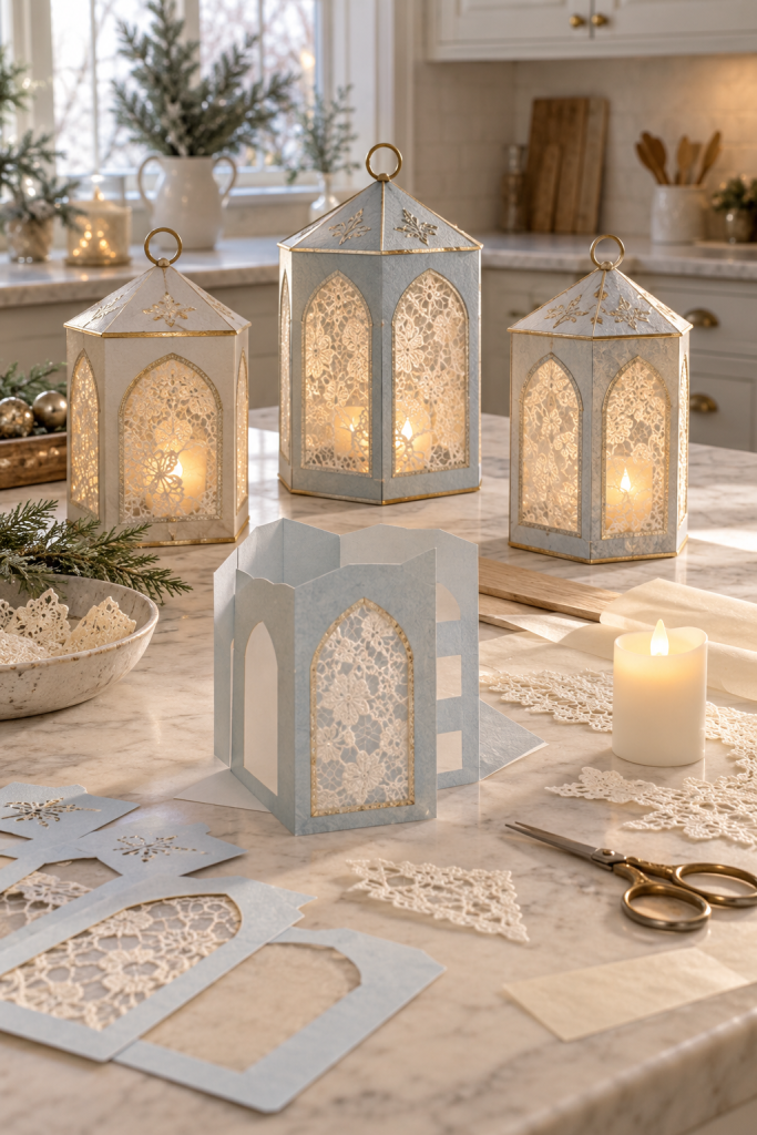 Lace-windowed paper lanterns glow beside a partly folded sleeve on a kitchen island.
