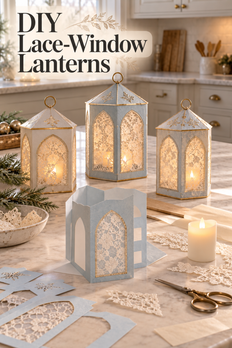 Lace-windowed paper lanterns glow beside a partly folded sleeve on a kitchen island.