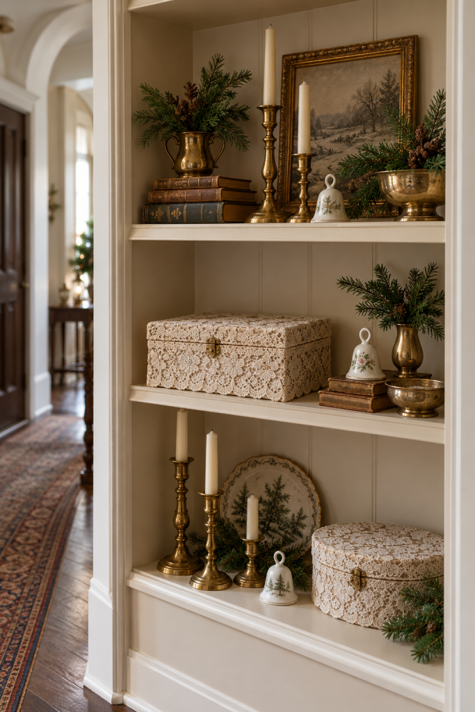 Lace-covered boxes, brass candleholders and porcelain bells on Christmas shelves.
