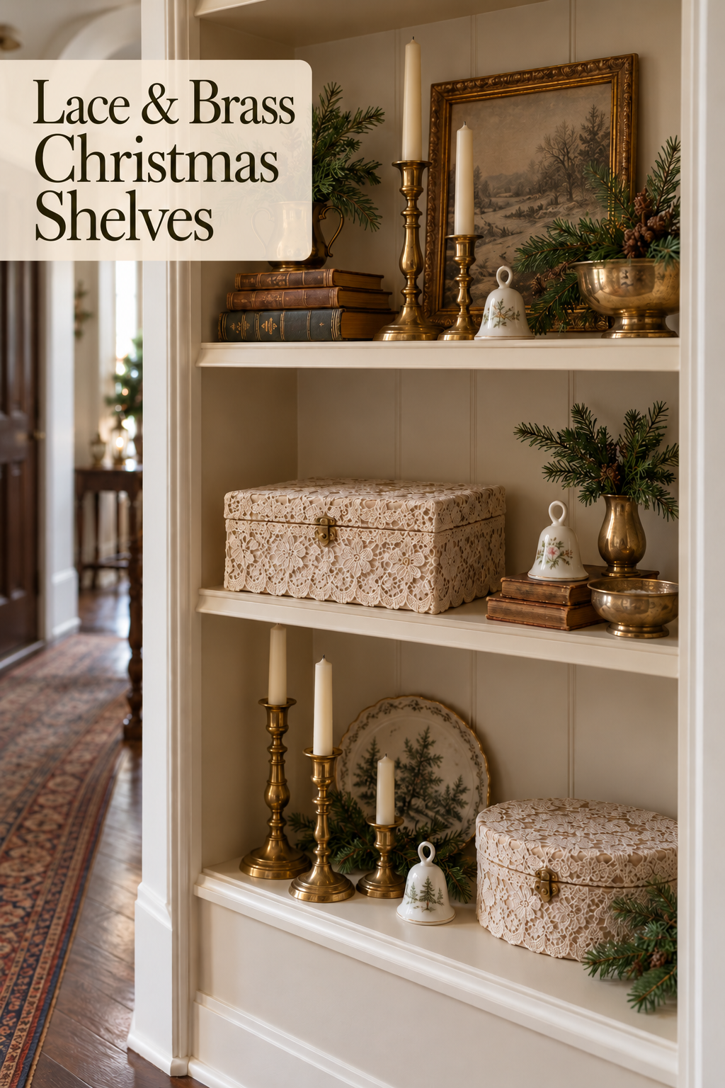 Lace-covered boxes, brass candleholders and porcelain bells on Christmas shelves.