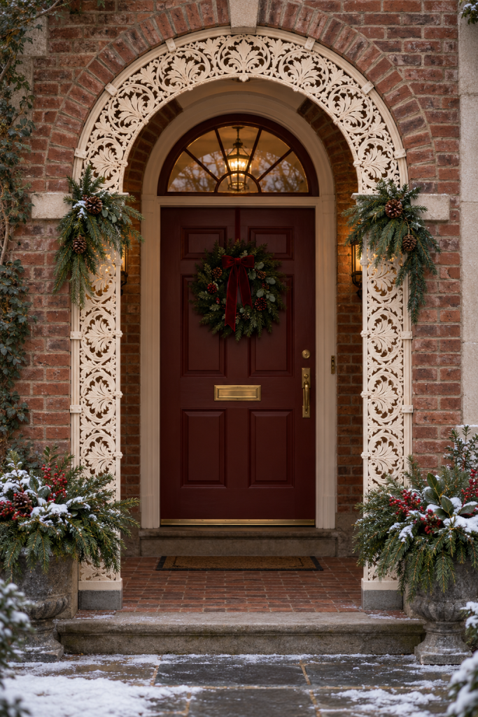 Cream cutwork frames a brick Christmas entry with an oxblood door and evergreen planters.