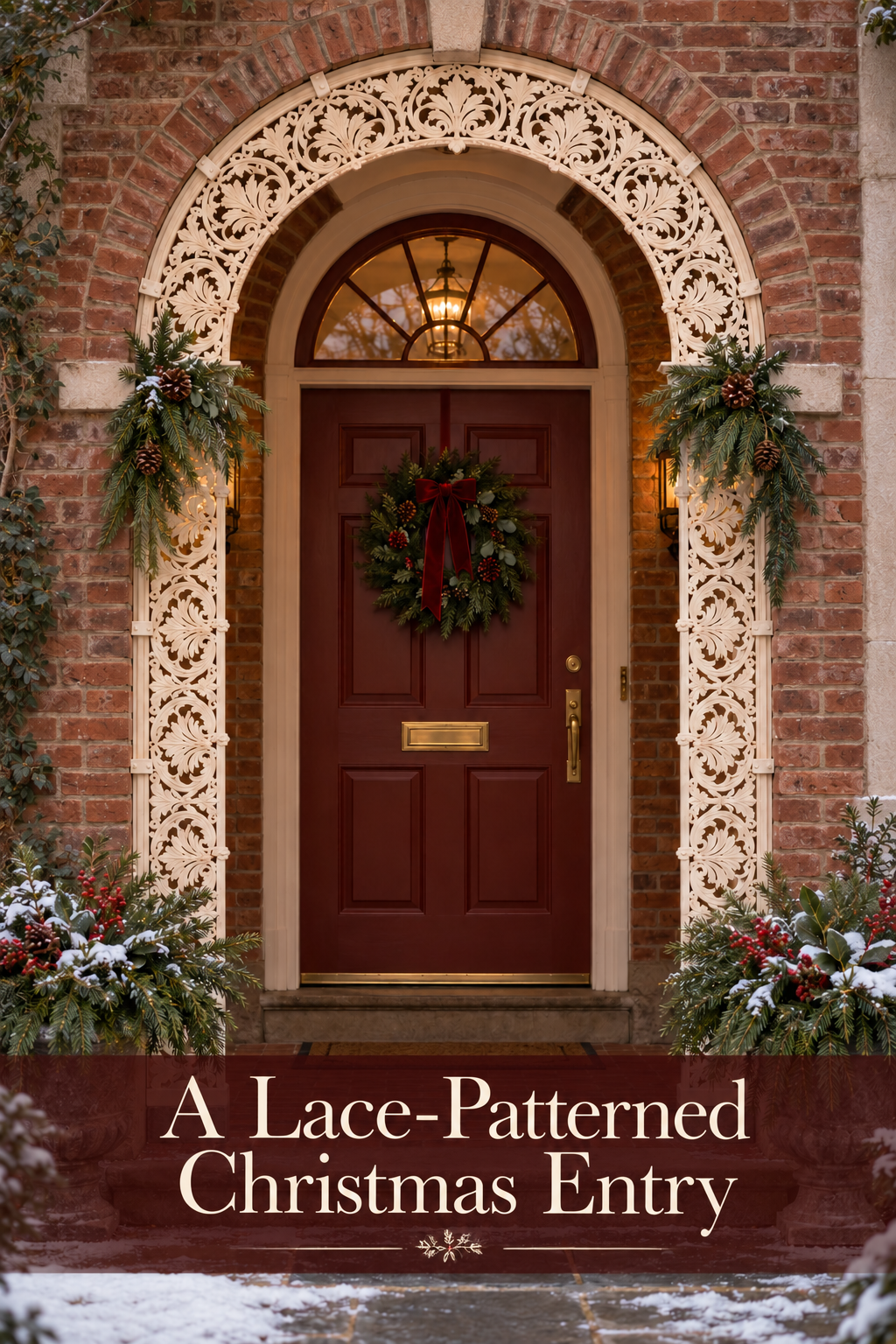Cream cutwork frames a brick Christmas entry with an oxblood door and evergreen planters.
