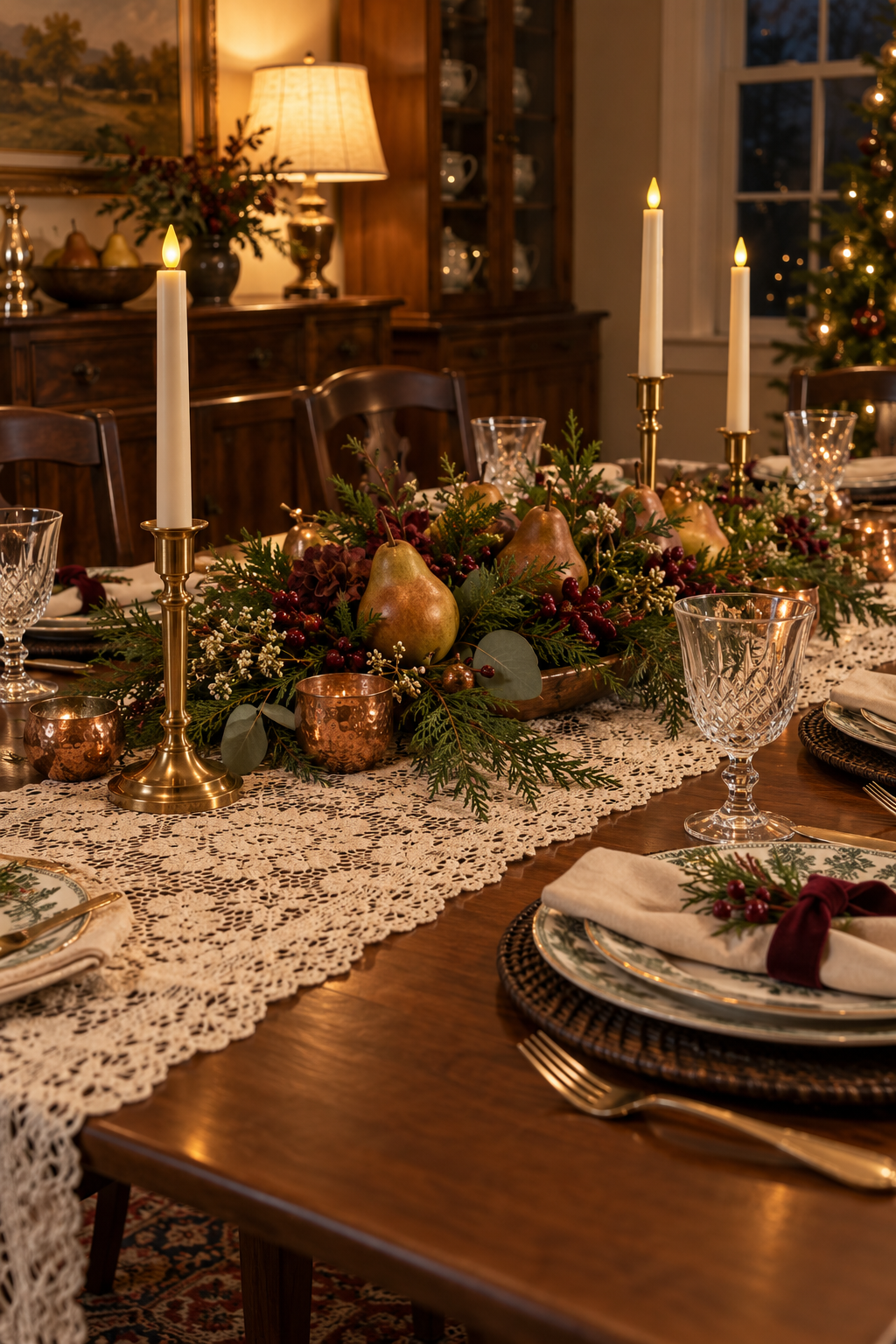 Christmas table with ivory lace, pears, greenery, brass candleholders and green-patterned plates.