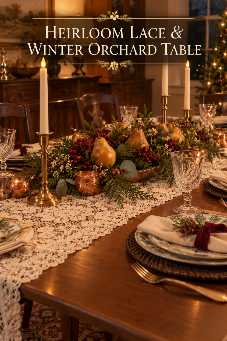 Christmas table with ivory lace, pears, greenery, brass candleholders and green-patterned plates.