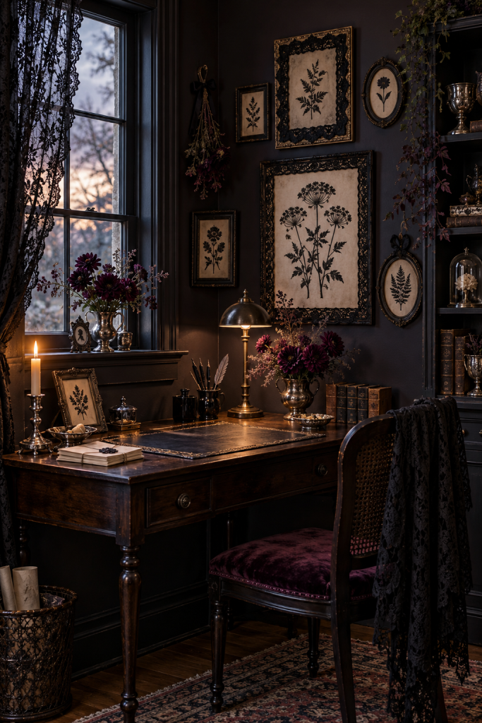 Dark Halloween writing corner with lace-bordered botanical art, a desk and plum flowers.