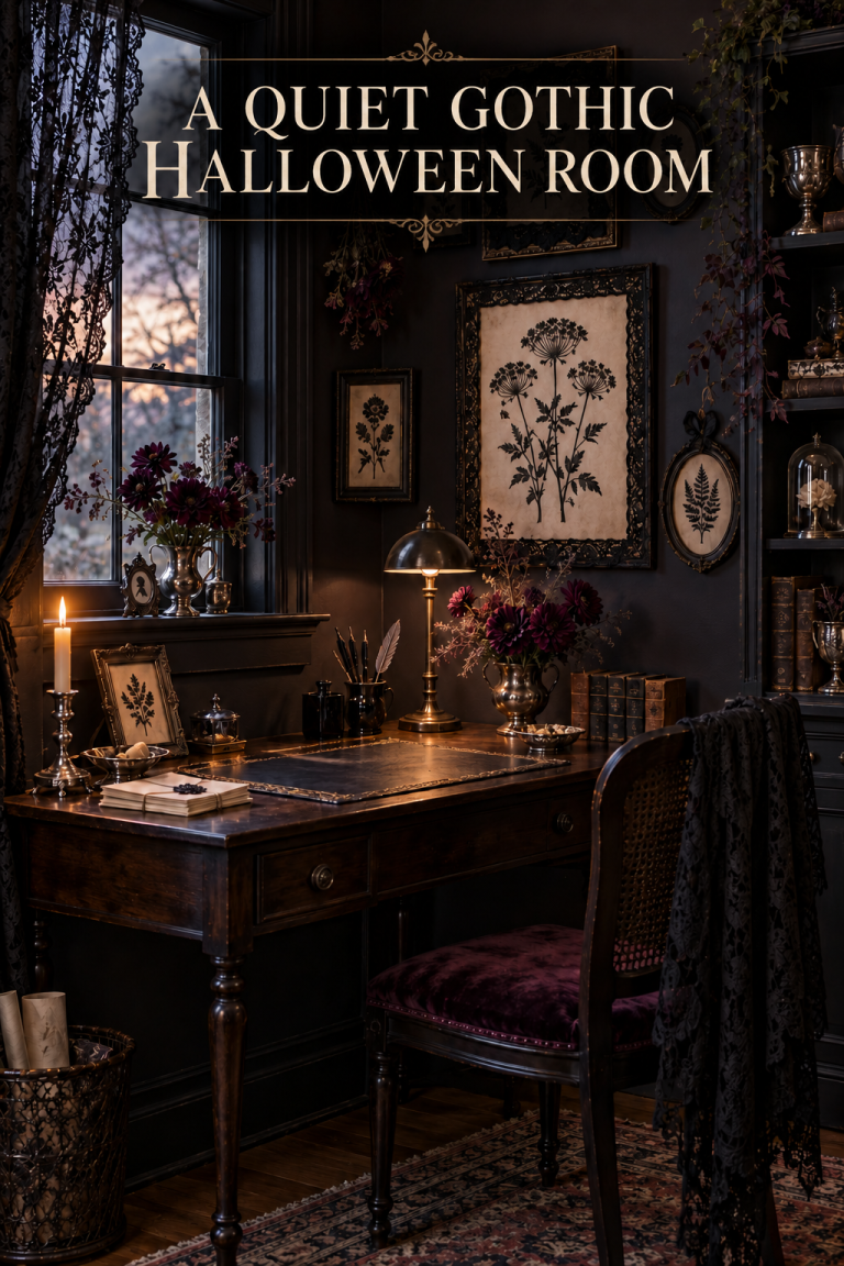 Dark Halloween writing corner with lace-bordered botanical art, a desk and plum flowers.