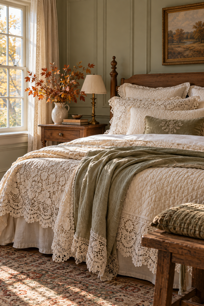 Cream lace bedding and sage throw on a wooden bed beside a vase of russet autumn branches.