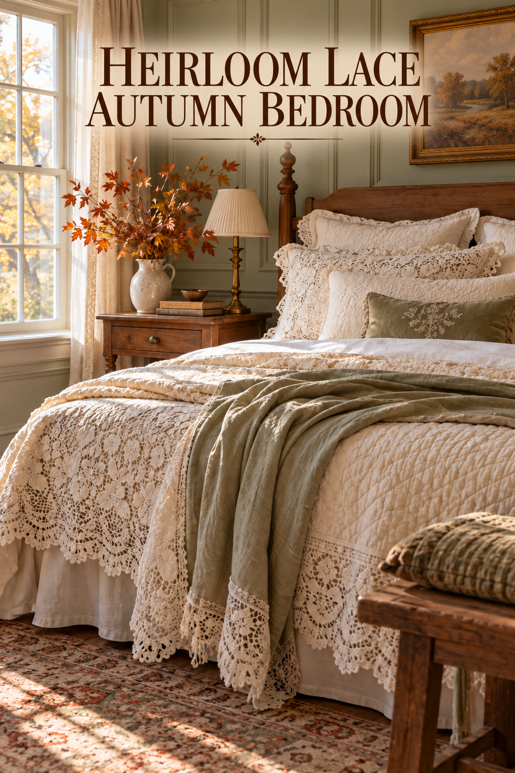 Cream lace bedding and sage throw on a wooden bed beside a vase of russet autumn branches.