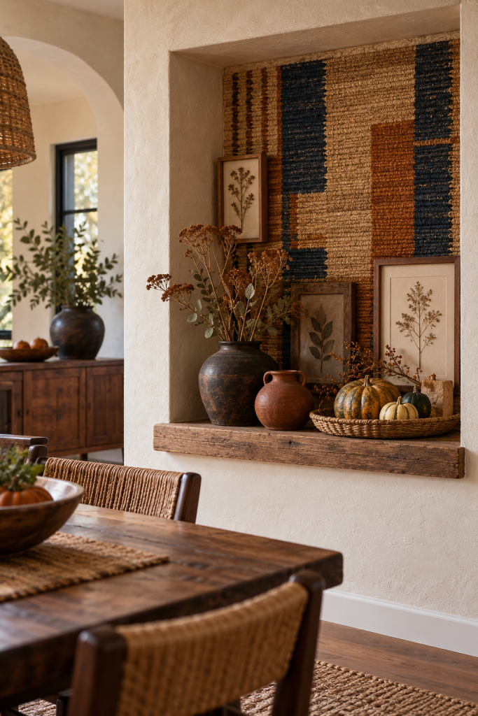 Woven wall niche with botanical frames, dried stems and gourds beside a dining table.