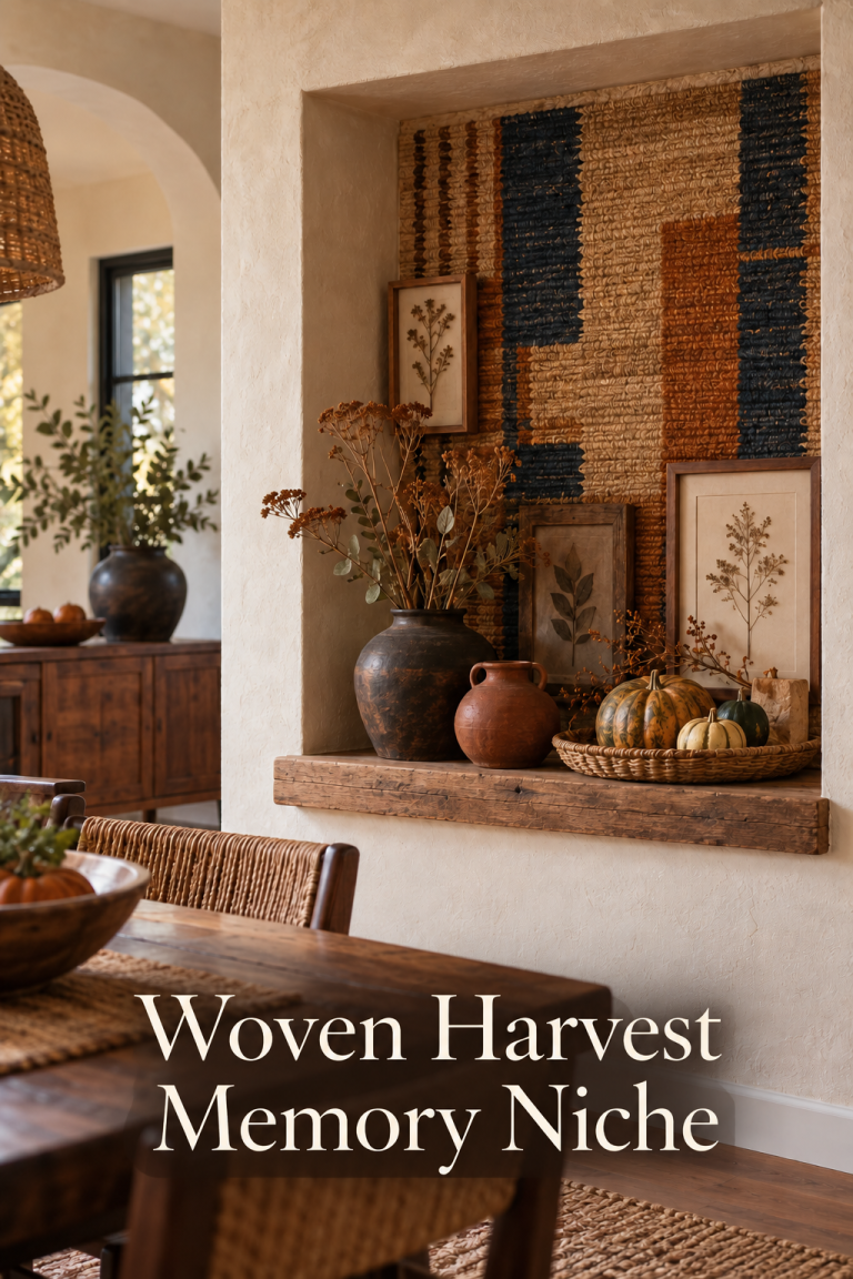 Woven wall niche with botanical frames, dried stems and gourds beside a dining table.