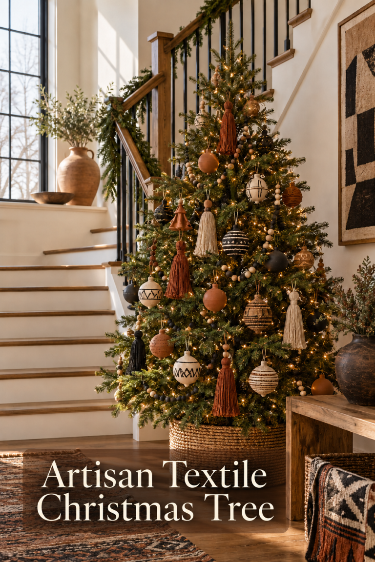 Christmas tree by a staircase with textile tassels, graphic ornaments and warm lights.