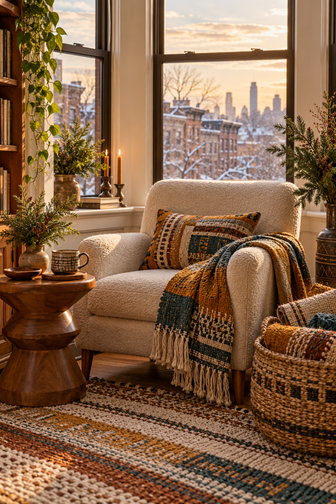 Cream chair in a winter window nook with woven throw, patterned cushion and textile basket.