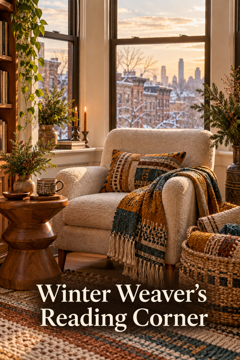 Cream chair in a winter window nook with woven throw, patterned cushion and textile basket.
