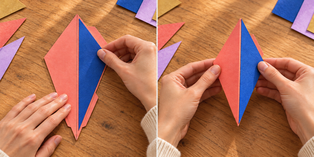 Hands add a cobalt face to a coral paper section, then fold its central ridge.