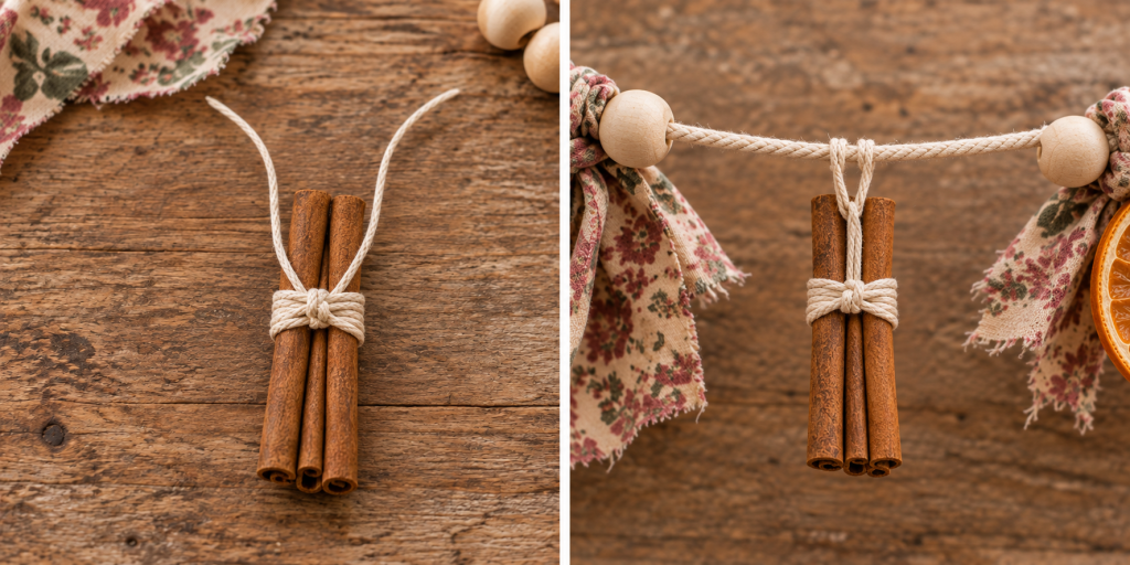 Cinnamon sticks wrapped with cotton cord, then tied to the main garland strand.
