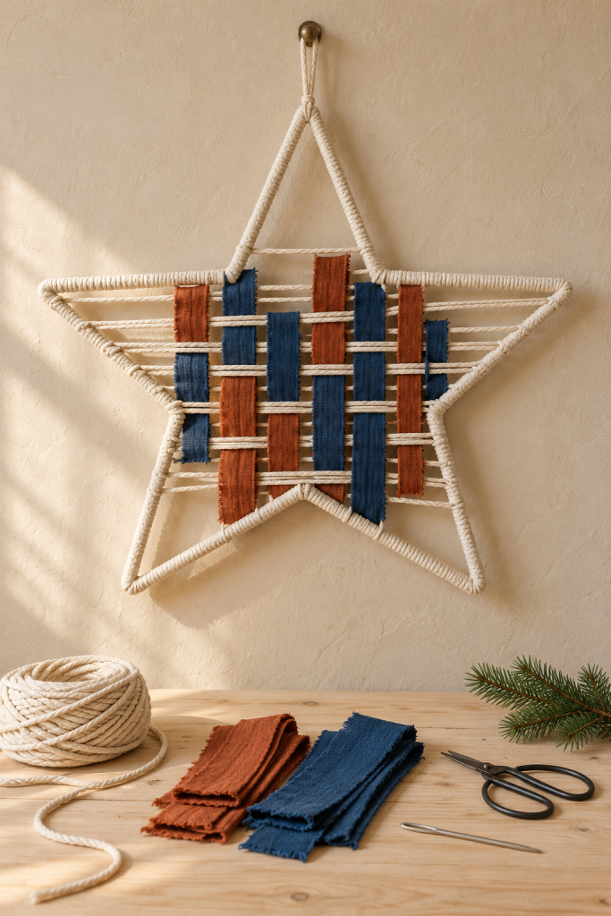 Cord-wrapped star with rust and blue woven strips above a craft table with supplies.
