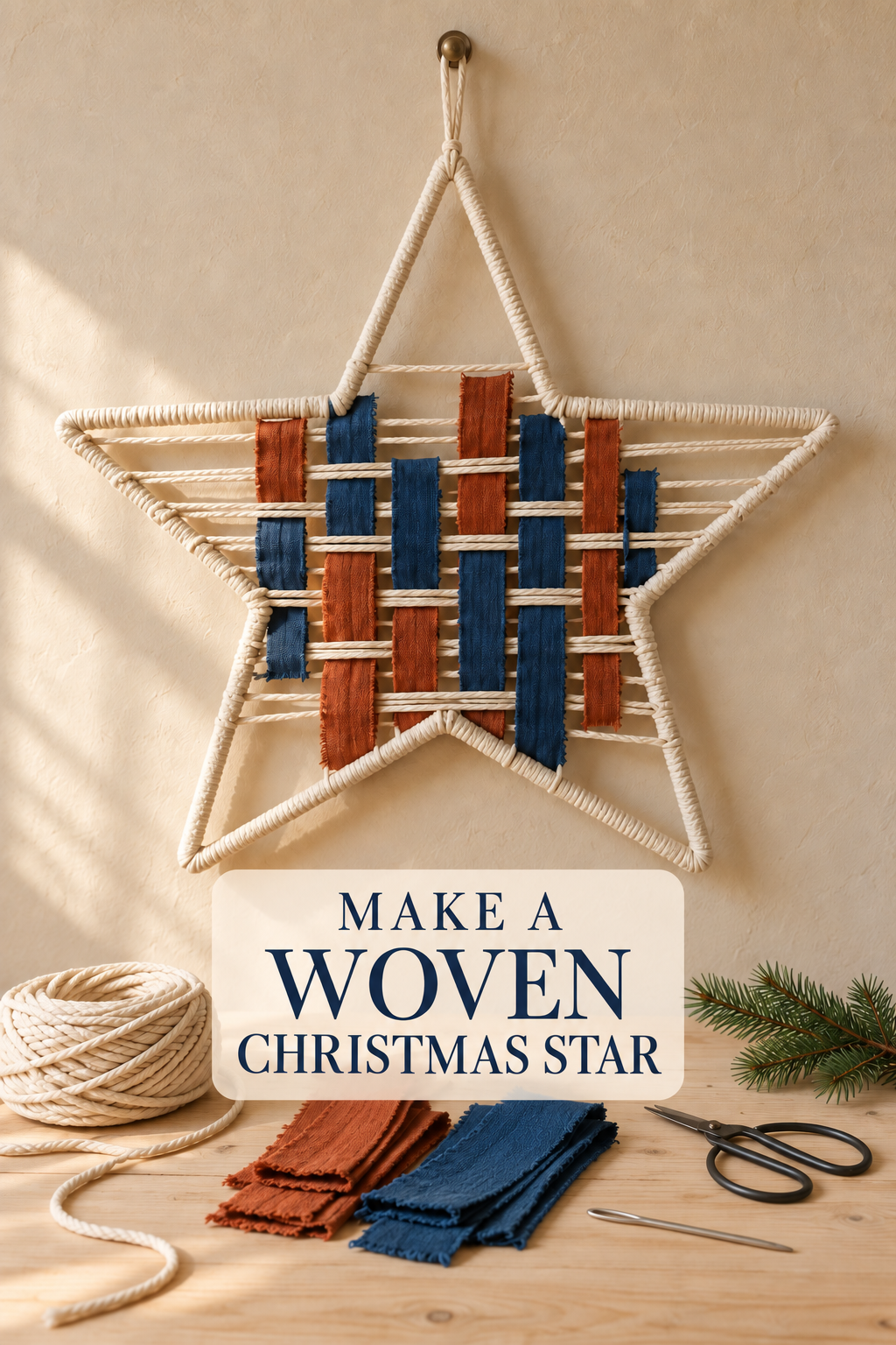 Cord-wrapped star with rust and blue woven strips above a craft table with supplies.