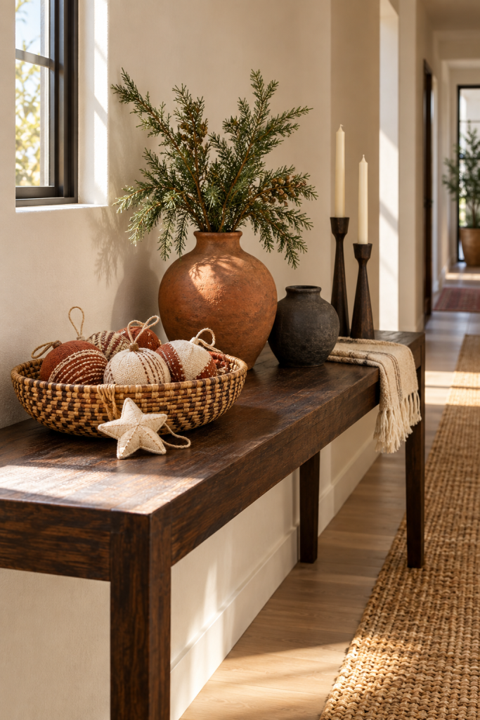 Textile Christmas ornaments in a basket beside earthy vases and candles on a hallway console.