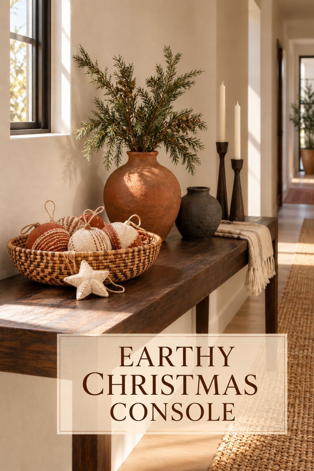 Textile Christmas ornaments in a basket beside earthy vases and candles on a hallway console.