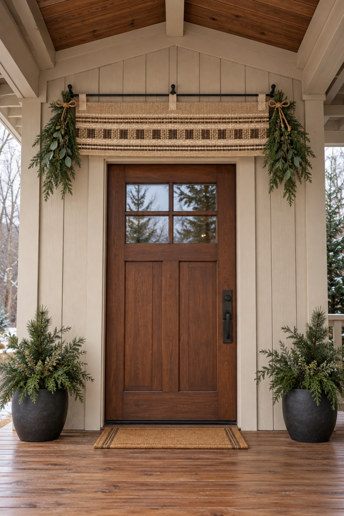 Woven valance and tied greenery above a wooden front door with dark planters on a porch.