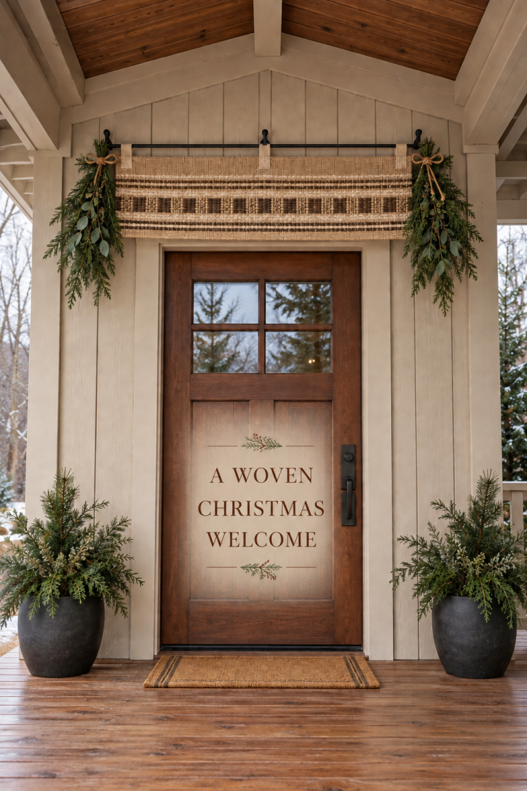 Woven valance and tied greenery above a wooden front door with dark planters on a porch.