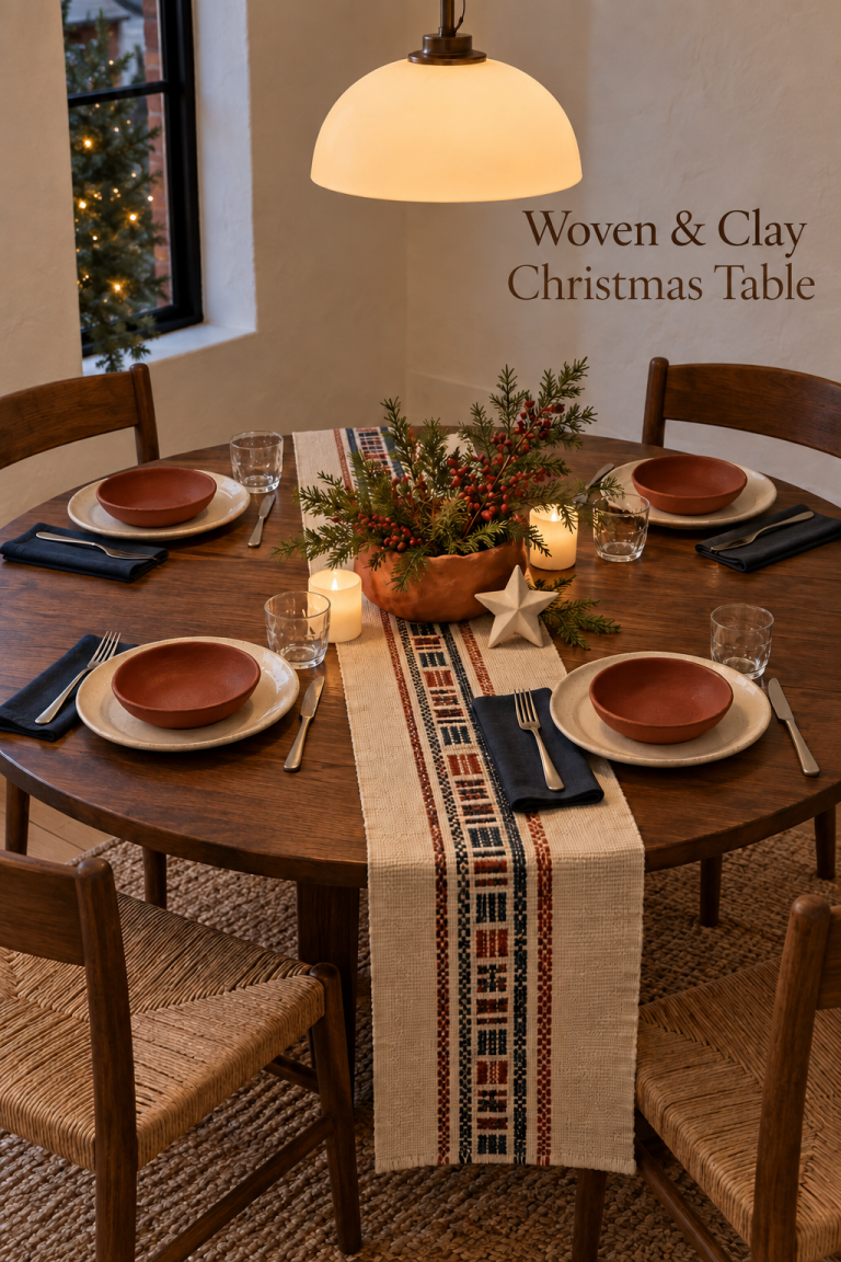 Christmas table with clay-colored bowls, woven runner, blue napkins and evergreen center.