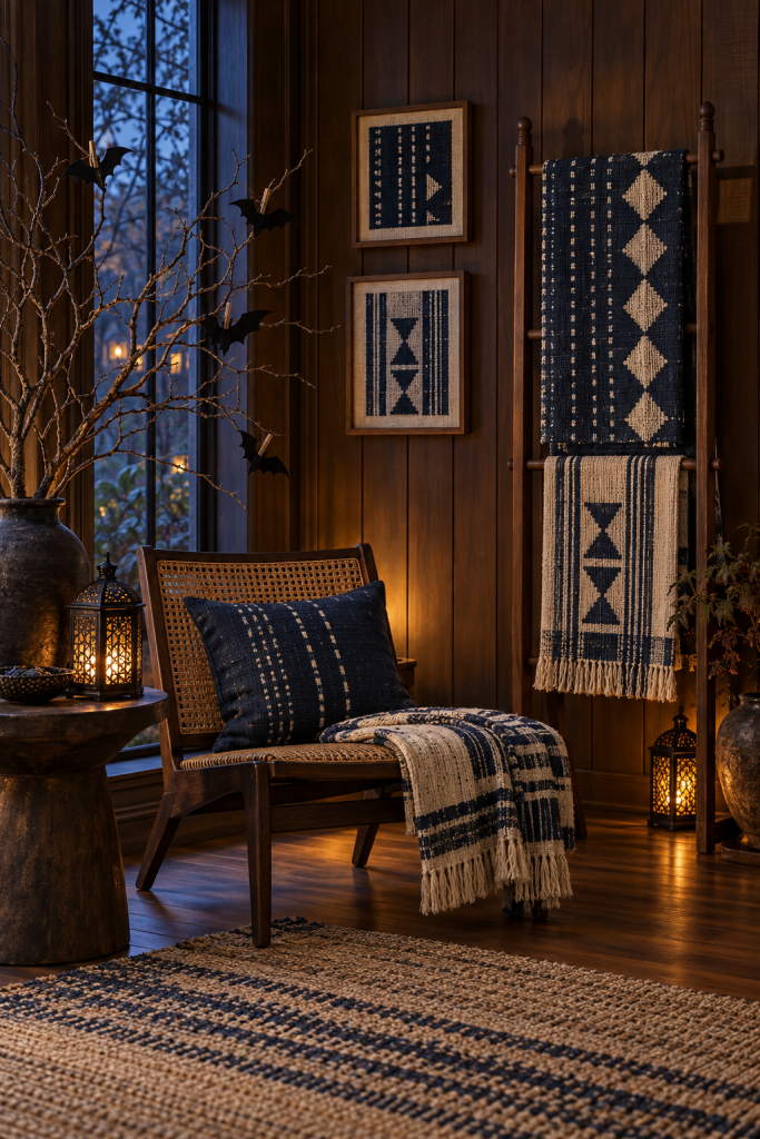 Indigo textiles, a cane chair, glowing lanterns and branch bats in a wood-paneled room.