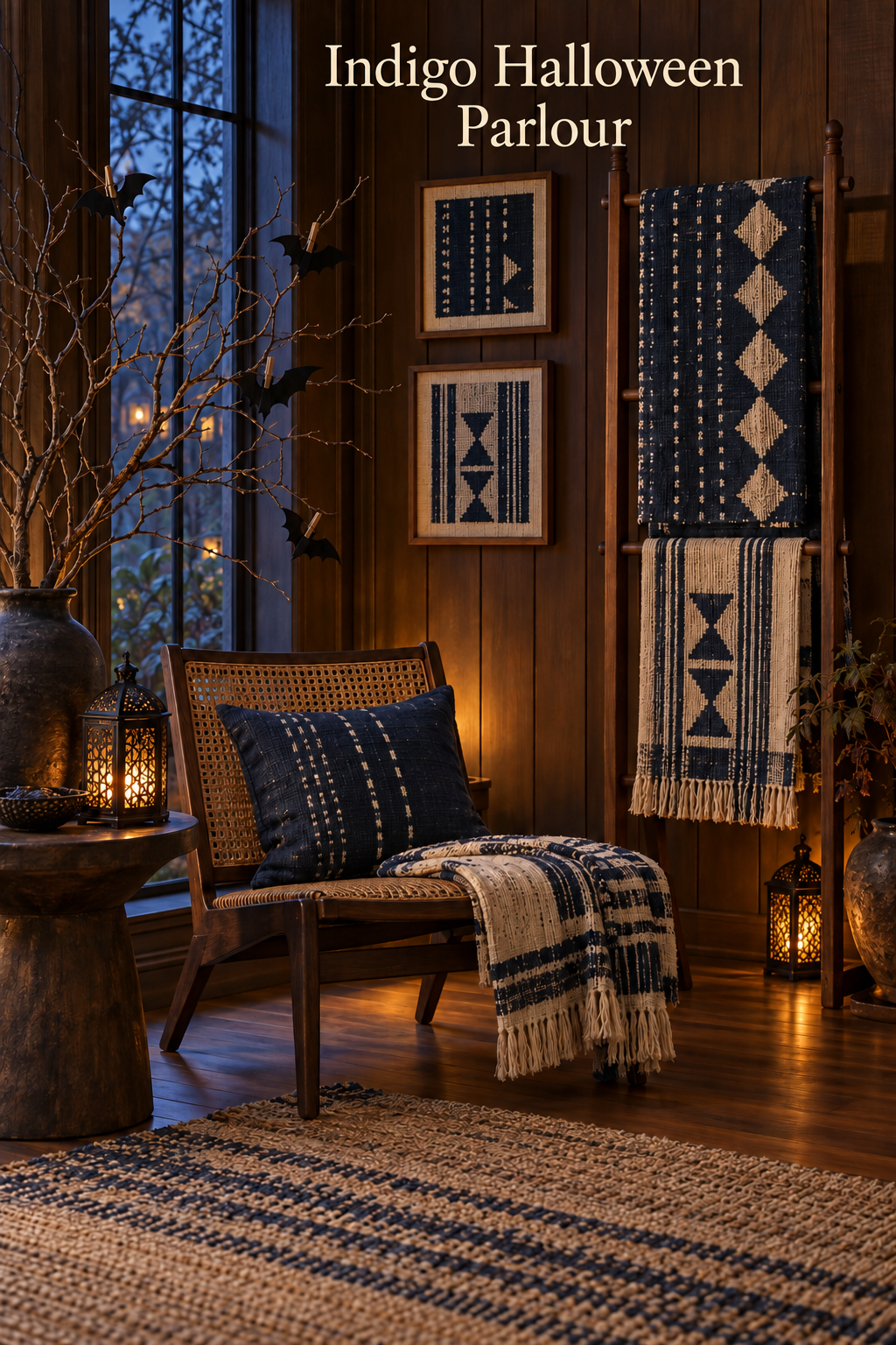 Indigo textiles, a cane chair, glowing lanterns and branch bats in a wood-paneled room.