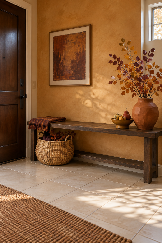 Fall entry bench with a woven basket, orange pottery, autumn branches and a harvest bowl.