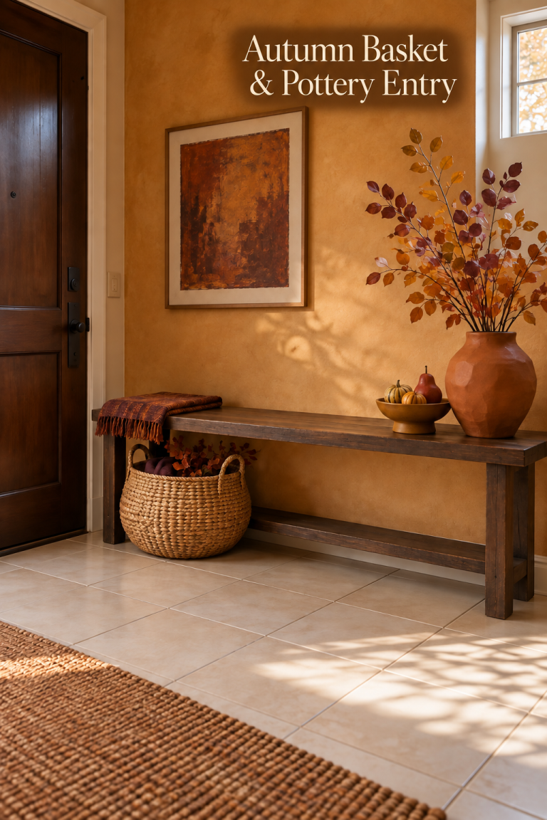 Fall entry bench with a woven basket, orange pottery, autumn branches and a harvest bowl.