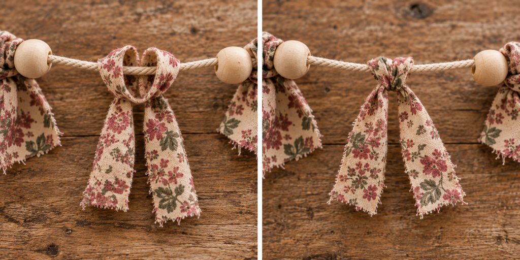 Floral fabric loop pulled around cotton cord and tightened beside unfinished wood beads.