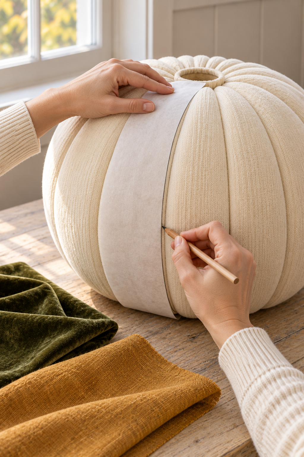 Hands tracing a paper template along a cream fabric pumpkin section with a pencil.
