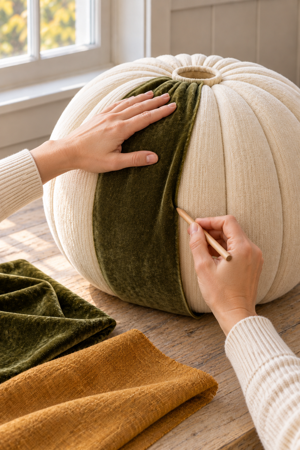 Hands tucking olive green velvet into a cream fabric pumpkin groove with a wooden tool.
