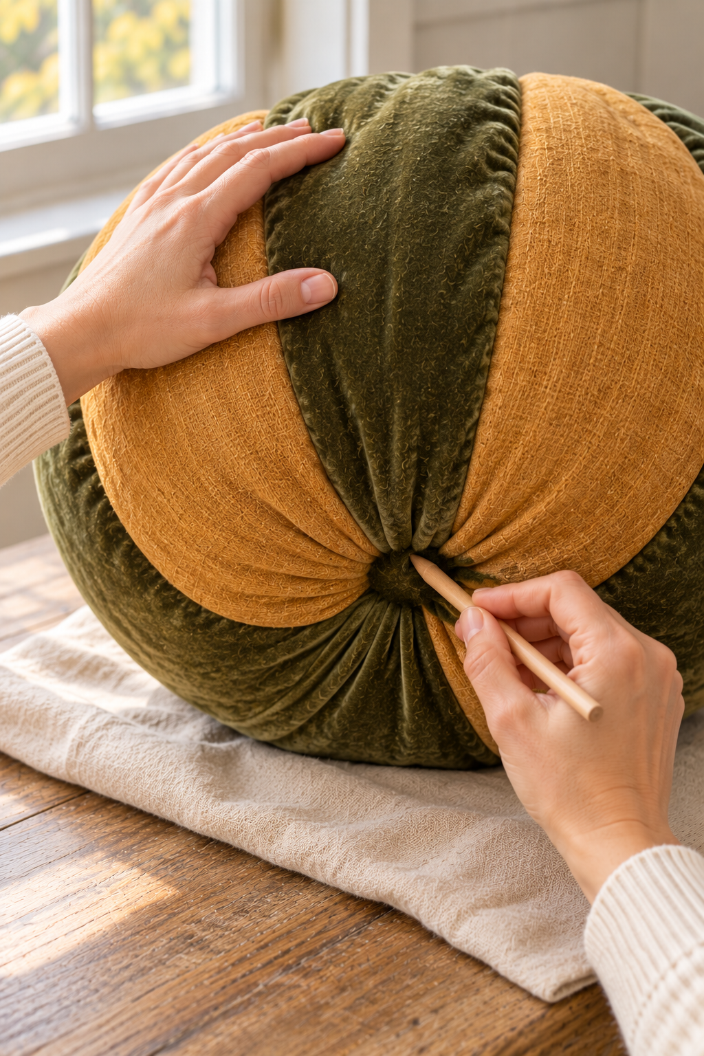 Hands tucking olive green and gold fabric ends into the bottom of a decorative pumpkin.