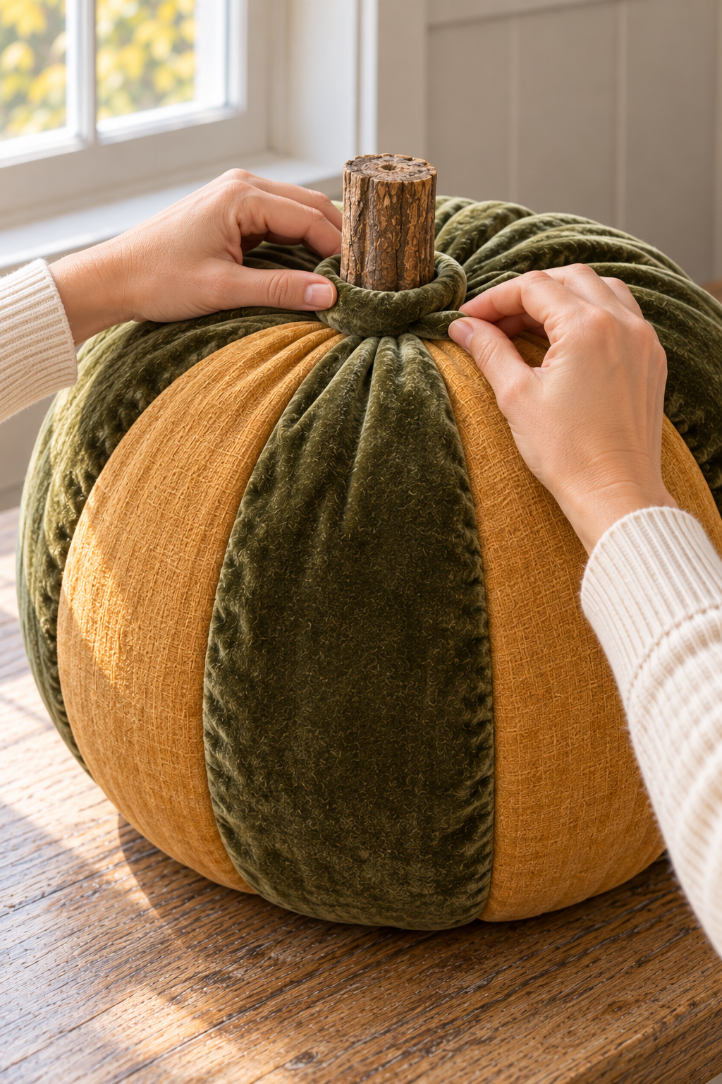 Hands arranging olive green velvet around a wooden stem on a green and gold fabric pumpkin.