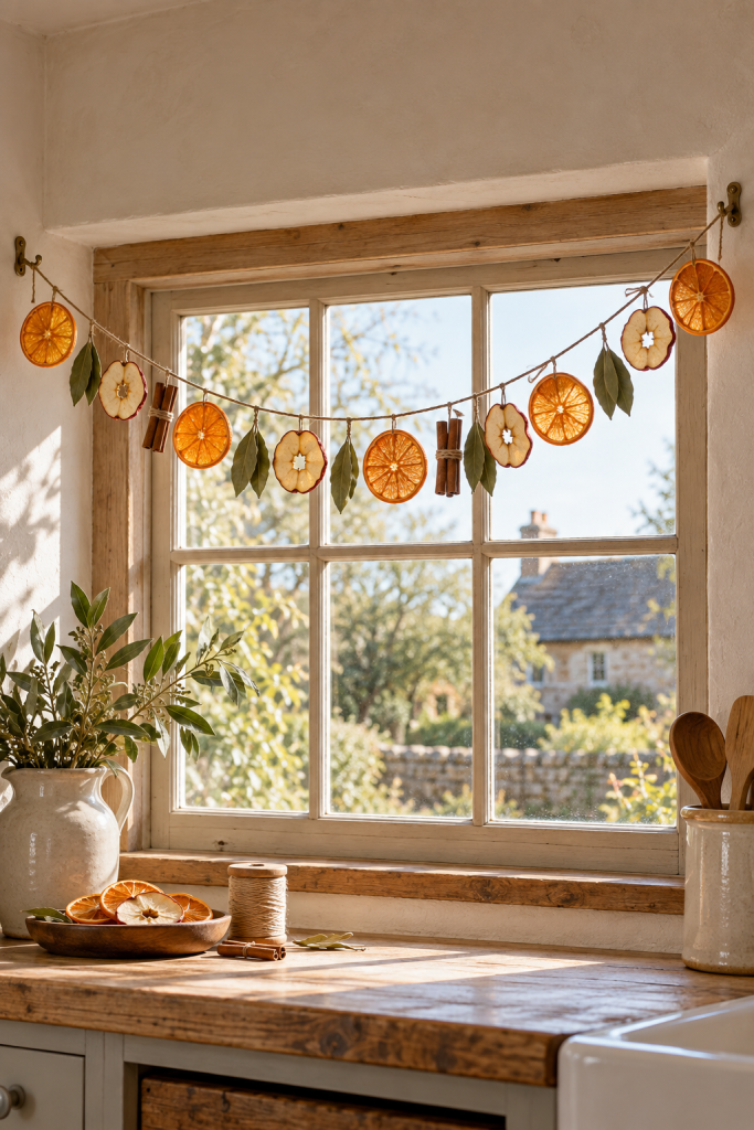 Dried orange and apple garland with leaves and cinnamon swags across a kitchen window.