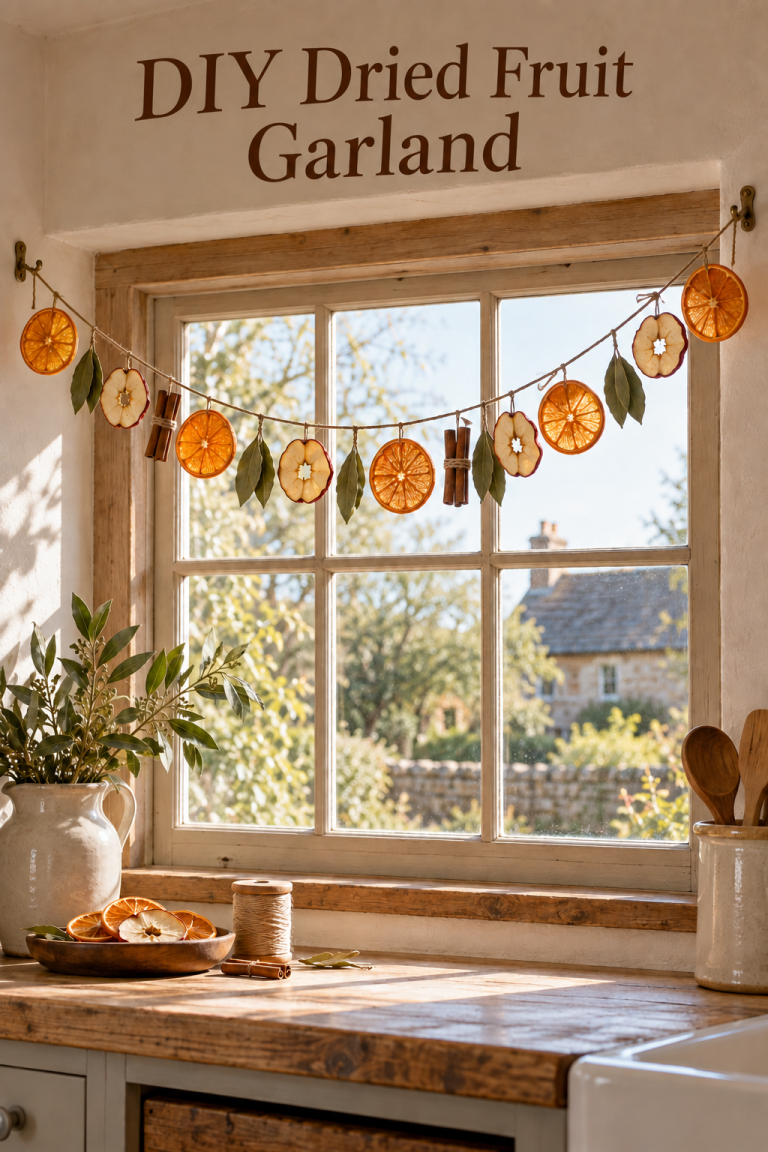 Dried orange and apple garland with leaves and cinnamon swags across a kitchen window.