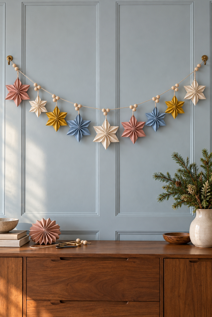 Pleated pink, blue, cream and gold paper stars with wood beads above a sideboard.