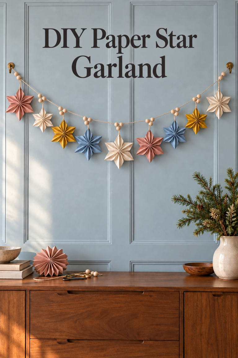 Pleated pink, blue, cream and gold paper stars with wood beads above a sideboard.