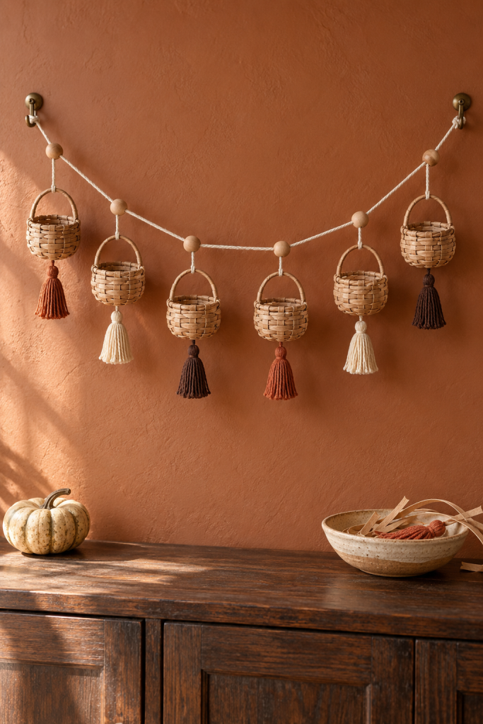 Mini woven baskets with cream, rust and brown tassels hang above a dark wood cabinet.