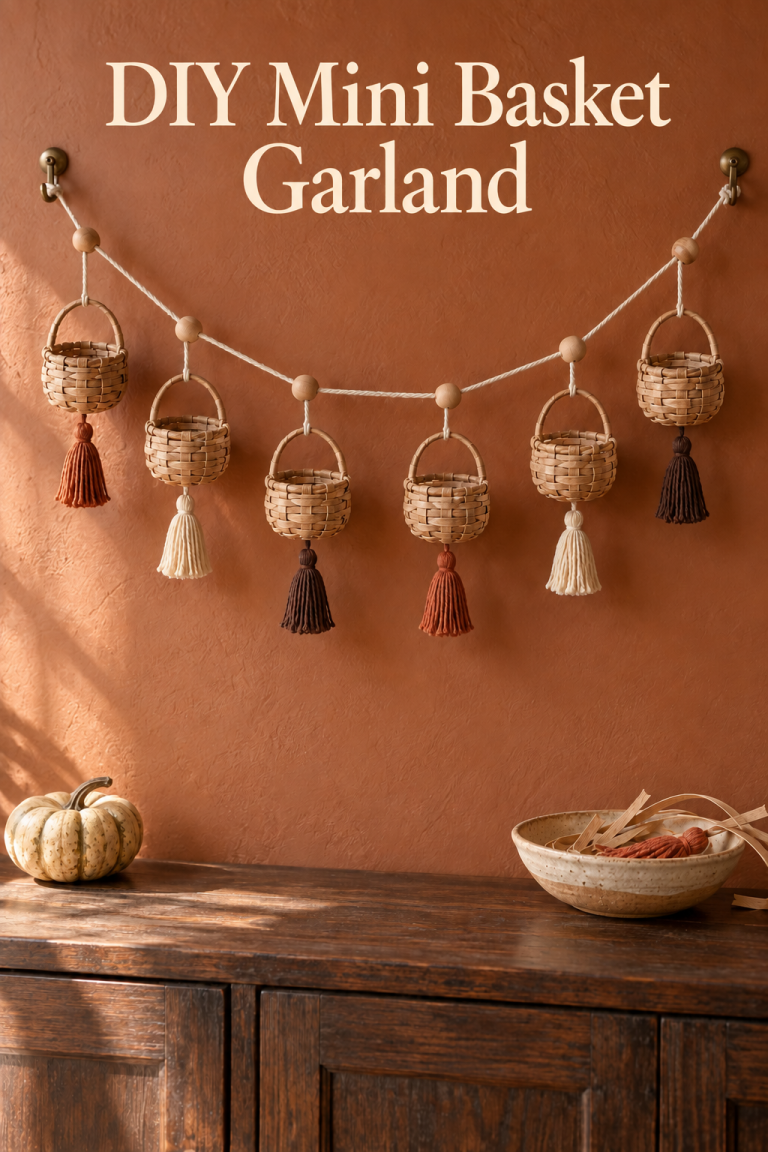 Mini woven baskets with cream, rust and brown tassels hang above a dark wood cabinet.