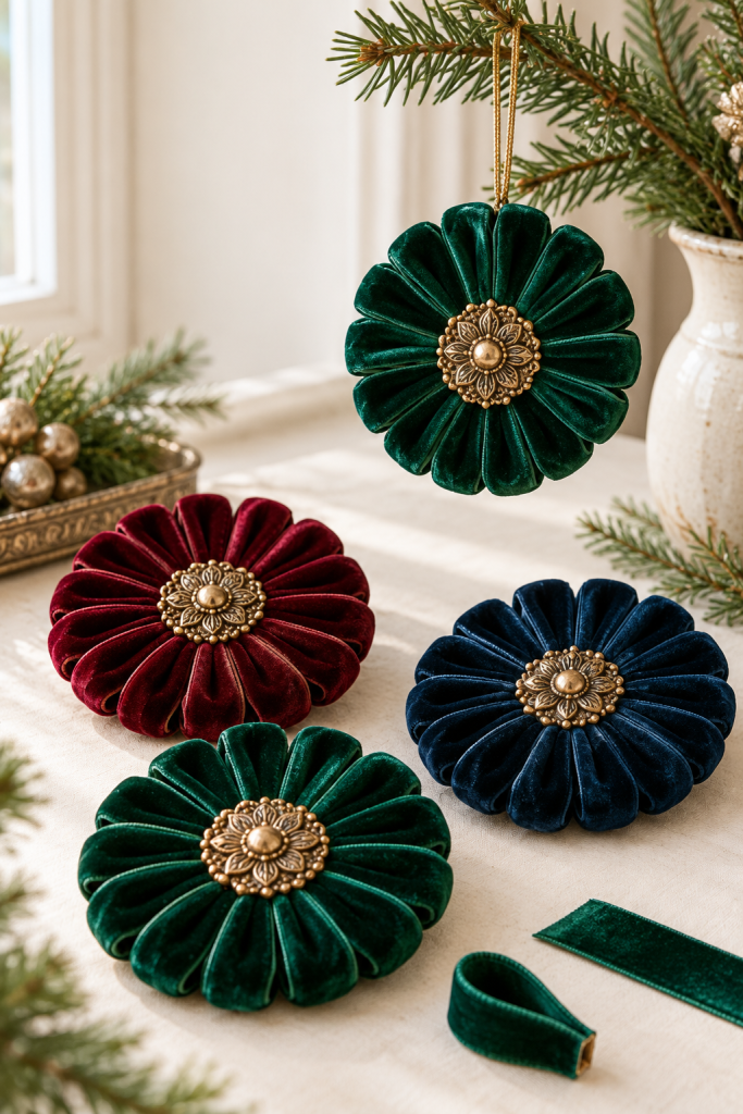 Jewel-tone velvet medallion ornaments with gold floral centers beside evergreen branches.