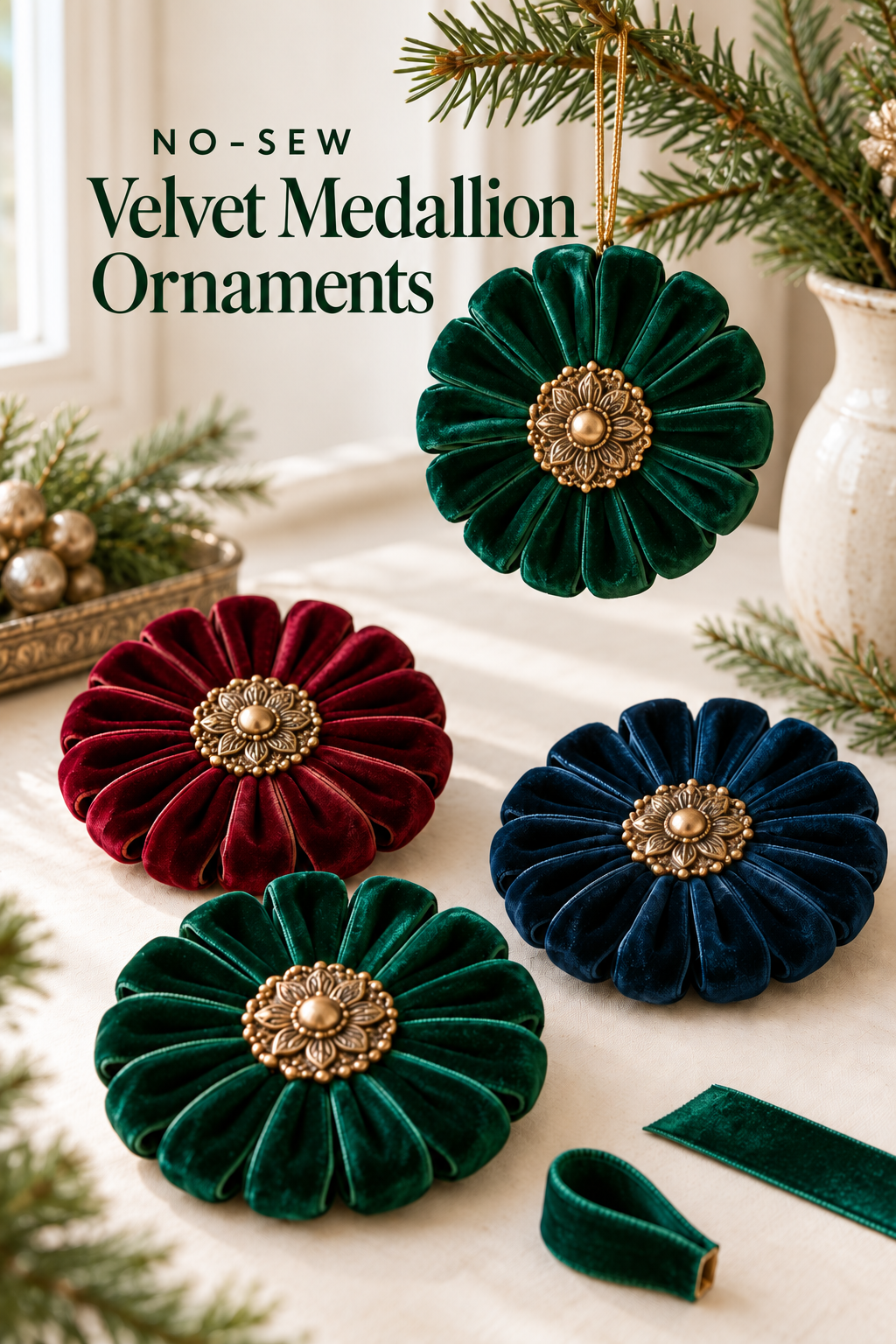 Jewel-tone velvet medallion ornaments with gold floral centers beside evergreen branches.